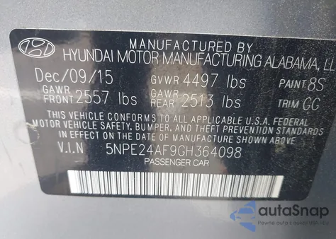 2016 Hyundai Sonata Se z USA, uszkodzony, nr VIN 5NPE24AF9GH364098